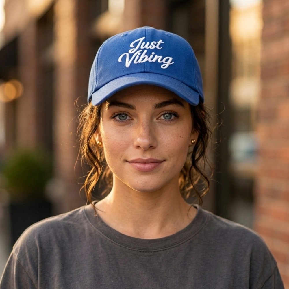 💙Blue 'Just Vibing' Cap Trendy Casual Wear Spring Coffee Date Wear Summer Casual
